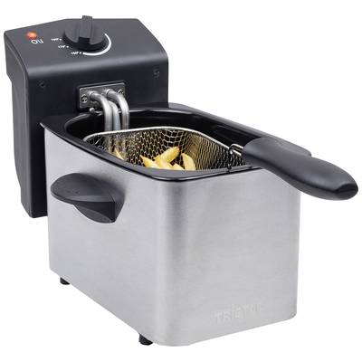 Fritteuse aus Edelstahl mit abnehmbarem Heizelement. Ein Korb mit Pommes frites ist darin sichtbar. Ideal zum Frittieren.