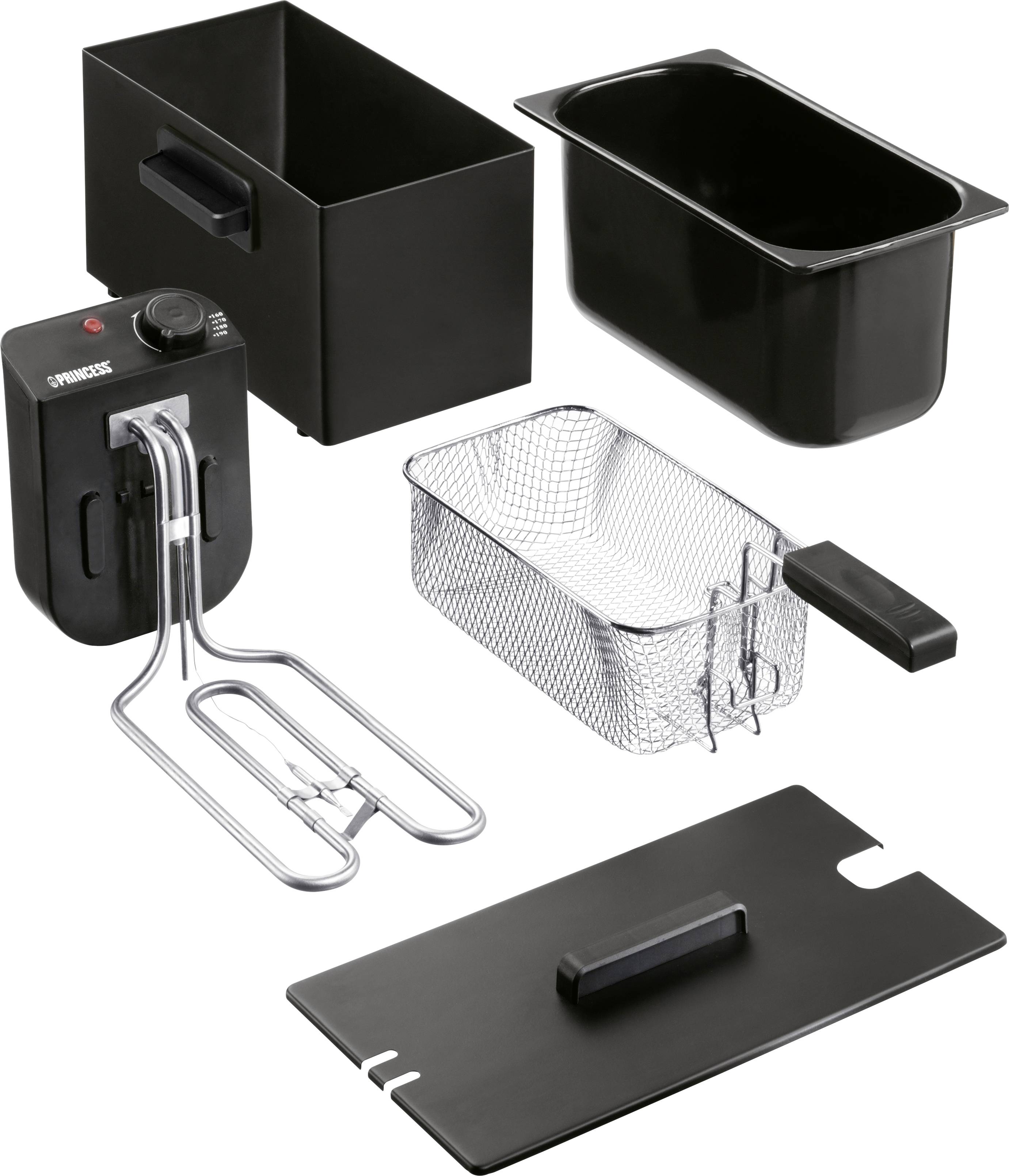 Teile einer Fritteuse: Heizmodul, rechteckiger Metallkorb mit Griff, zwei schwarze Behälter und ein schwarzfarbener Deckel.