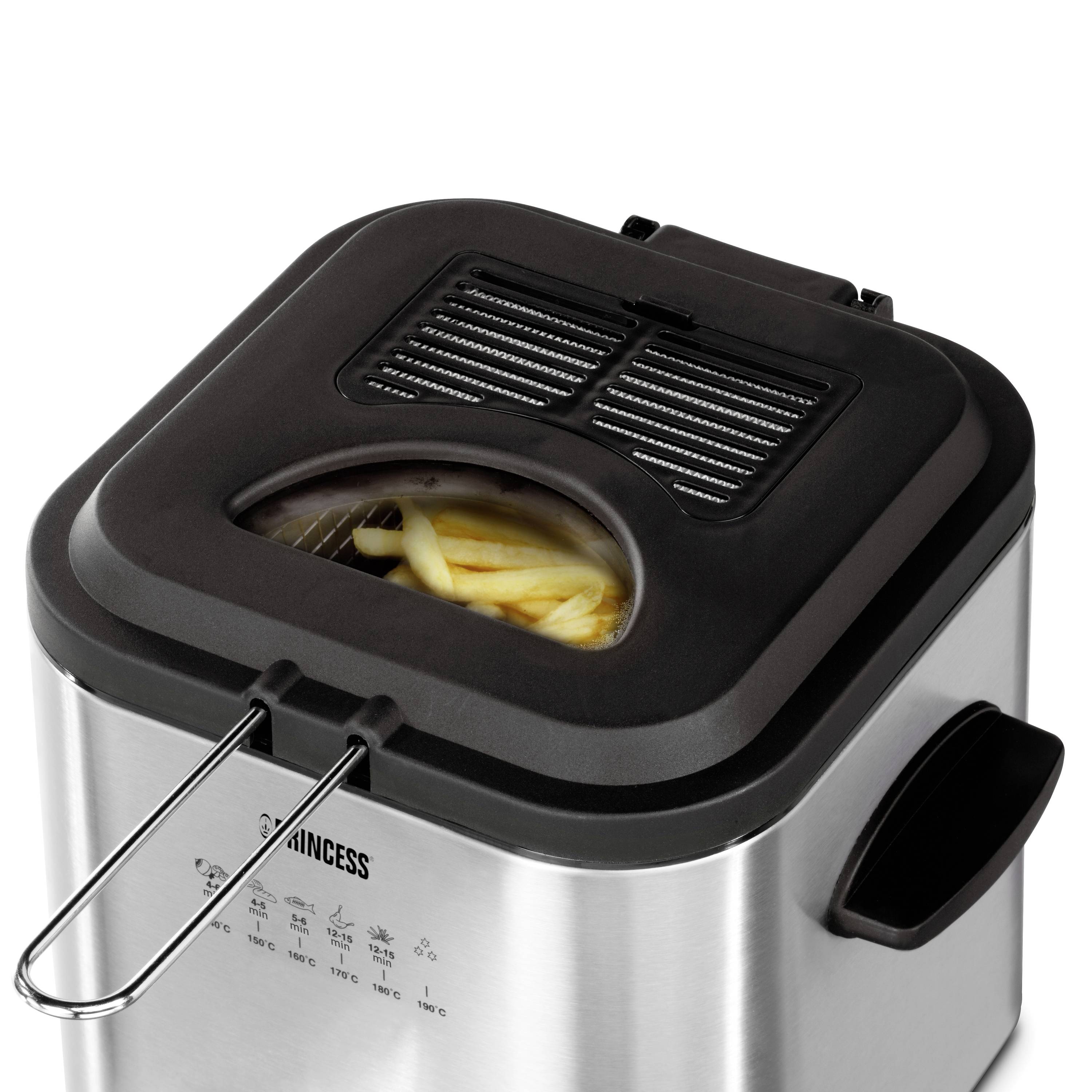 Fritteuse aus Edelstahl mit Sichtfenster auf dem Deckel, durch das Pommes Frites zu sehen sind.