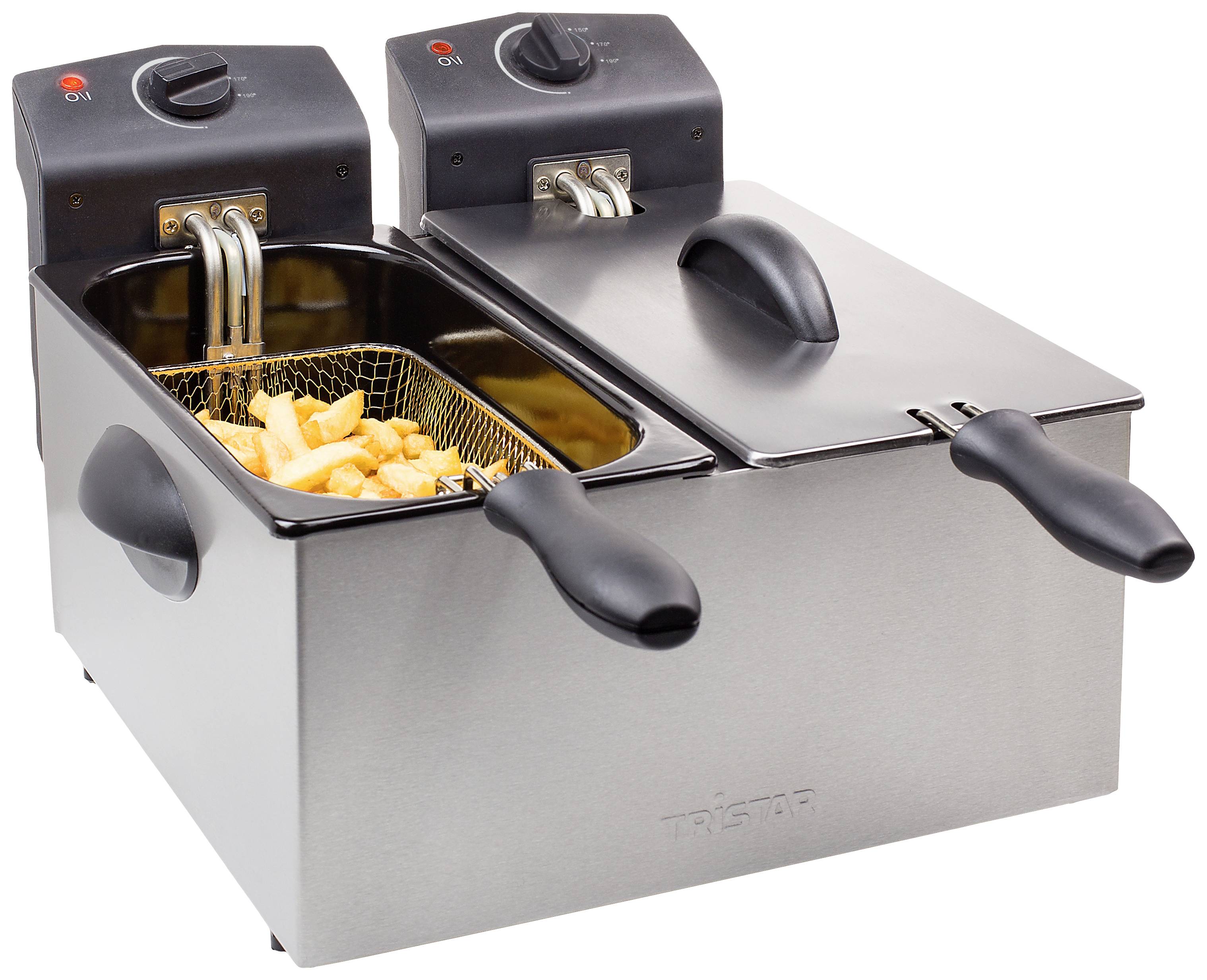 Fritteuse mit zwei Behältern: links ein offener Korb mit Pommes frites, rechts ein geschlossener Behälter. Steuerung über Drehknöpfe oben.