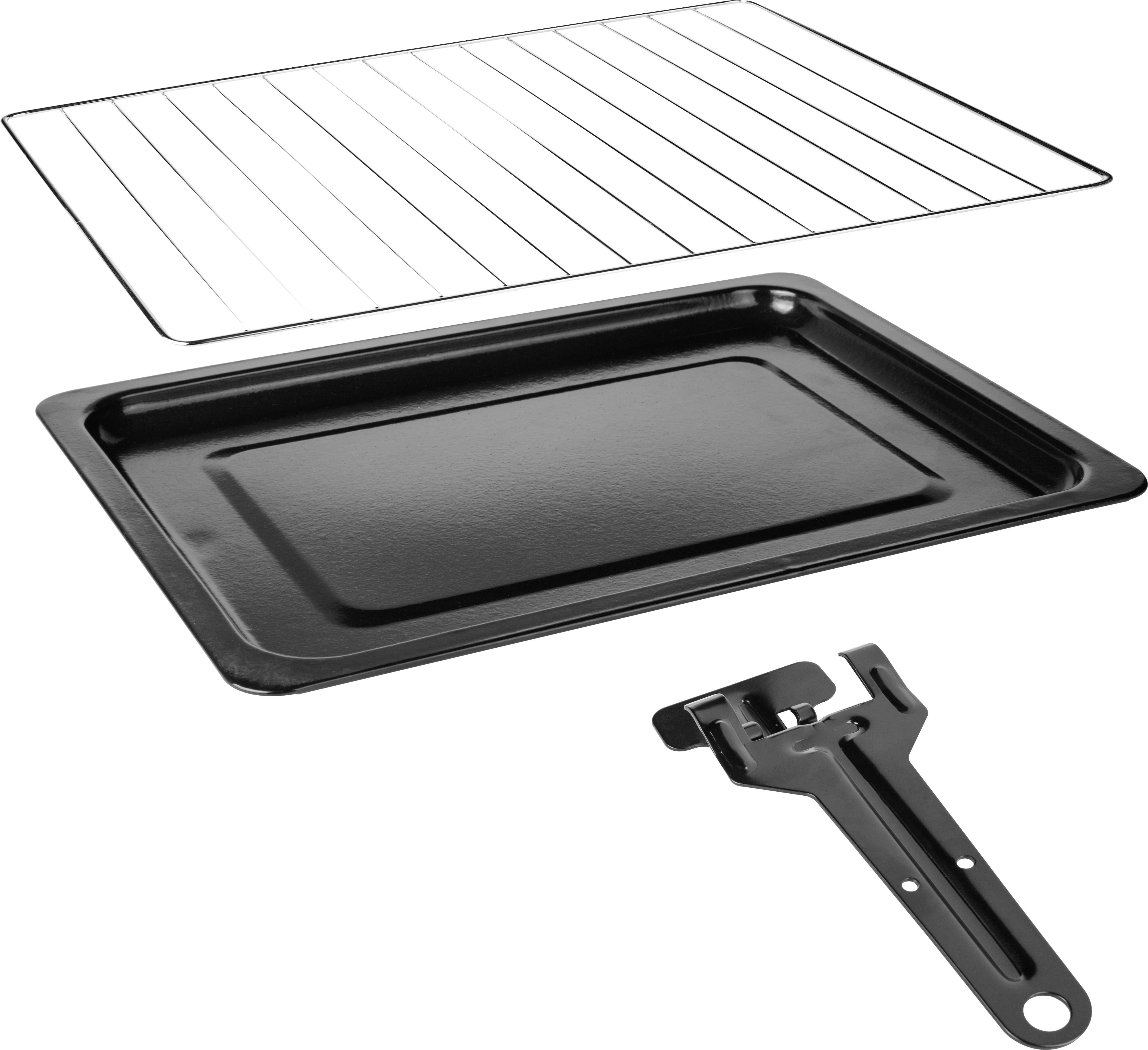 'Backblech und Rost aus Metall mit schwarzer Halterung für sichere Handhabung in der Küche.'
