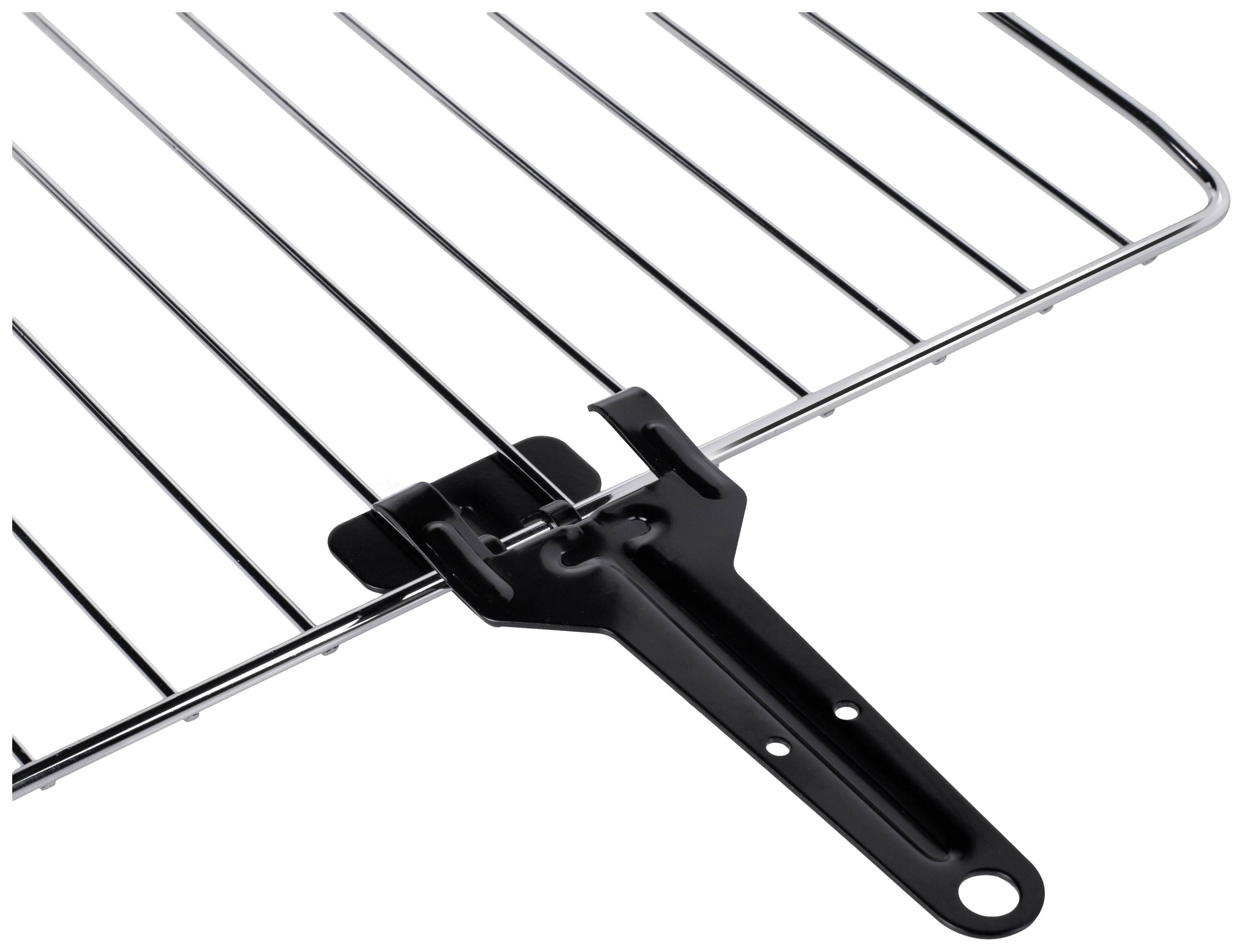 Ein Metallrost mit schwarzen Kunststoff-Clips, die vermutlich zur Befestigung oder Stabilisierung dienen.