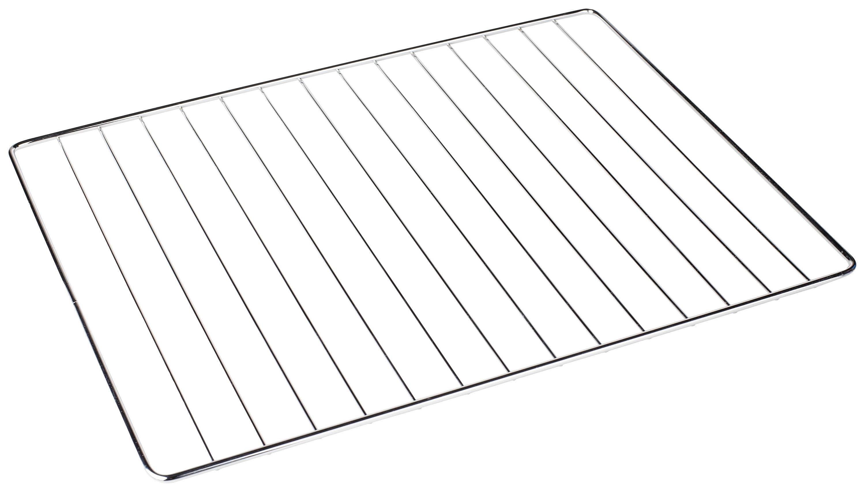 Ein Metall-Backofenrost mit parallelen Stangen, rechteckig geformt, für das Backen oder Grillen.
