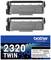 Zwei 'Brother TN-2320' Tonerkartuschen auf einer Verpackung mit blauer Grafik und den Buchstaben '2320 TWIN'. Geeignet für A4, 2600 Seiten.