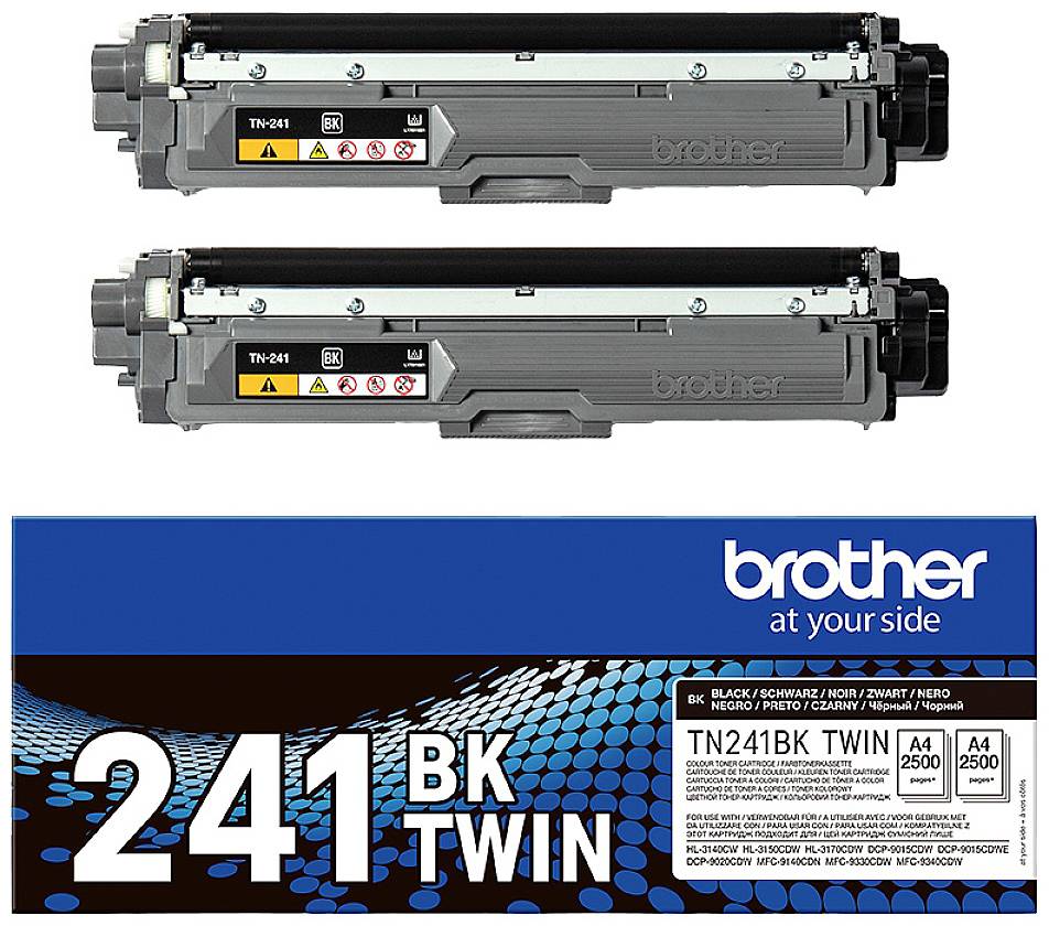 Zwei schwarze TN-241BK Tonerkartuschen von Brother mit Verpackung, geeignet für A4-Druck bis 2500 Seiten pro Stück.