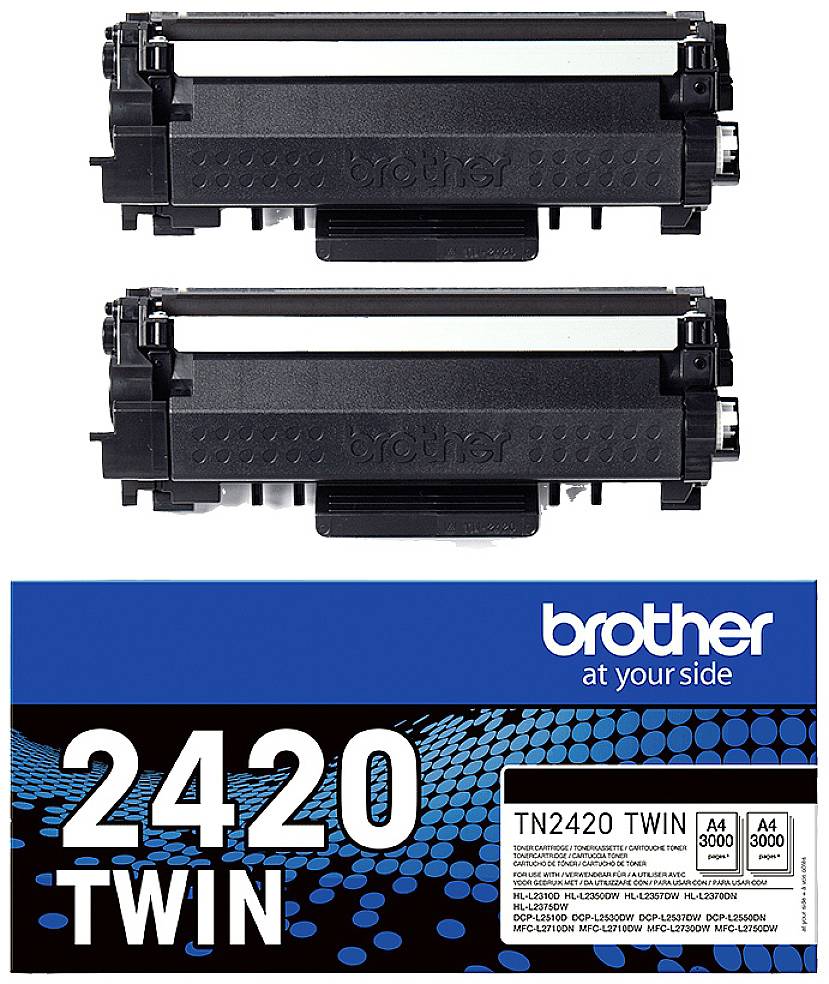 Zwei schwarze Brother Druckerpatronen TN2420 Twin Pack, geeignet für A4-Drucke bis zu 3000 Seiten. Verpackung zeigt Produktdetails.