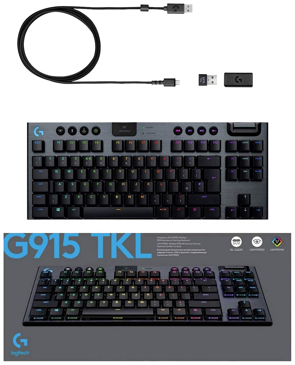 Kabellose mechanische Tastatur mit RGB-Beleuchtung, USB-Anschluss und Empfänger. Modell 'G915 TKL' für Gaming.