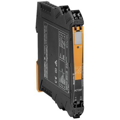 Ein schmaler, schwarzer Elektronikbaustein mit orangenen Elementen, Beschriftungen und LED-Anzeigen. Geeignet für die Hutschienenmontage.