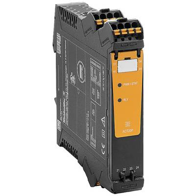 Ein schwarzes, rechteckiges elektronisches Gerät mit orangefarbenem Frontpanel, Anschlüssen oben und unten sowie beschrifteten Seiten.