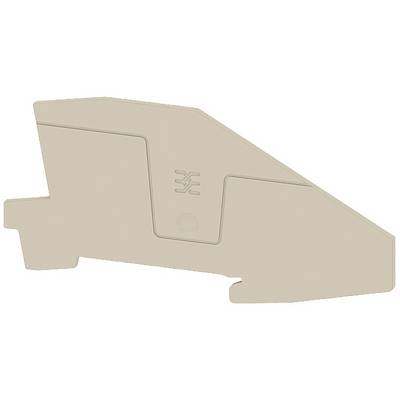 Beige Kunststoffteil mit geometrischem Design, zeigt eine diagonale, abgewinkelte Form und trägt ein zentrales Symbol.
