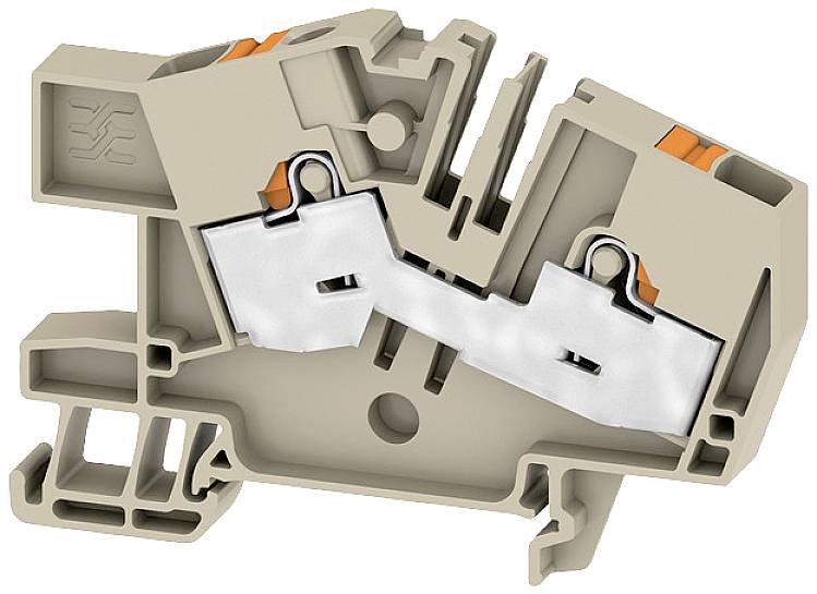 Abbildung einer beige Kunststoffklemme mit Metallklemmen, verwendet in elektrischen oder elektronischen Schaltungen zur Kabelverbindung.