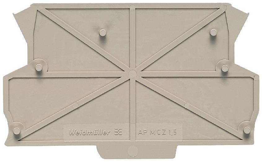 Die Abbildung zeigt eine graue, rechteckige Kunststoffabdeckung mit diagonalen Rippen. Beschriftet mit 'Weidmüller AP MCZ 1.5'.