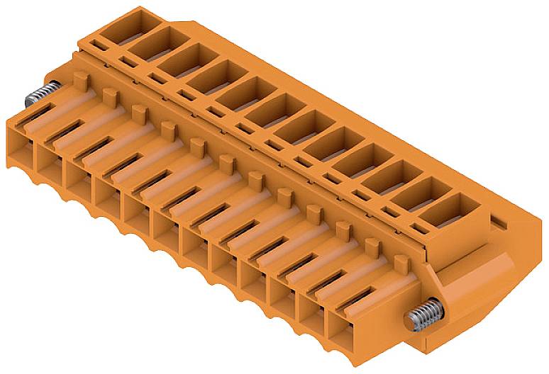 Oranger Steckverbinder mit mehreren Anschlussbuchten und Metallfedern, geeignet für elektrische Verbindungen in technischen Anwendungen.