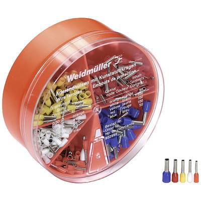 Eine rote Box mit verschiedenen Aderendhülsen in den Farben weiß, grau, rot, schwarz, blau und gelb, jeweils in verschiedenen Mengen.