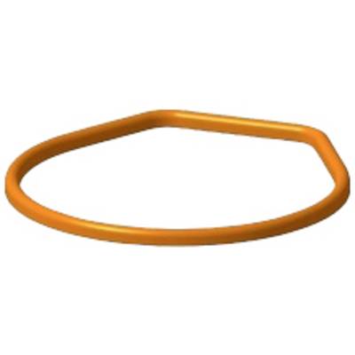 Ein orangefarbener, ringförmiger Gegenstand mit unregelmäßiger, leicht gebogener Form, möglicherweise ein flexibler Stab oder Kabel.