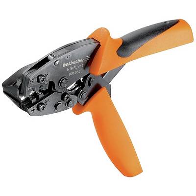 Handcrimpzange mit schwarzem Mechanismus und orangefarbenen Griffen. Geeignet zum Abisolieren und Crimpen von Drähten.