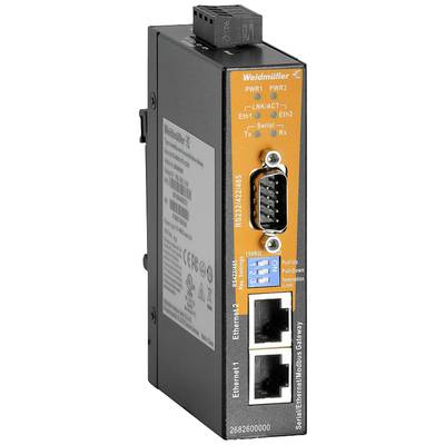 Ein schwarzes und orangefarbenes Ethernet/Modbus Gateway von Weidmüller mit Schnittstellen für Ethernet und serielle Verbindungen.