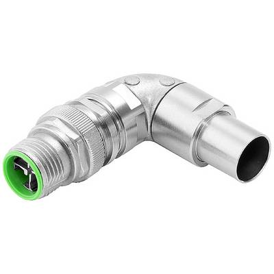 Ein winkeliger Metallanschluss mit gewindeter und glatter Fläche, möglicherweise für elektrische oder mechanische Verbindungen.