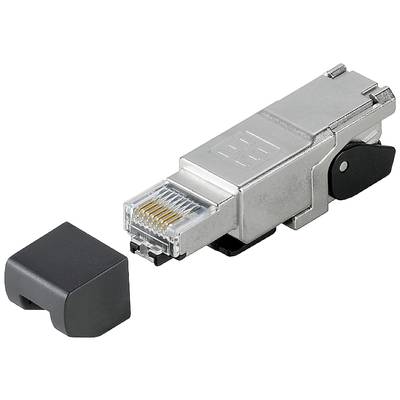 Ein silberfarbener RJ45-Stecker neben einer schwarzen Abdeckkappe, geeignet für Netzwerkverbindungen.