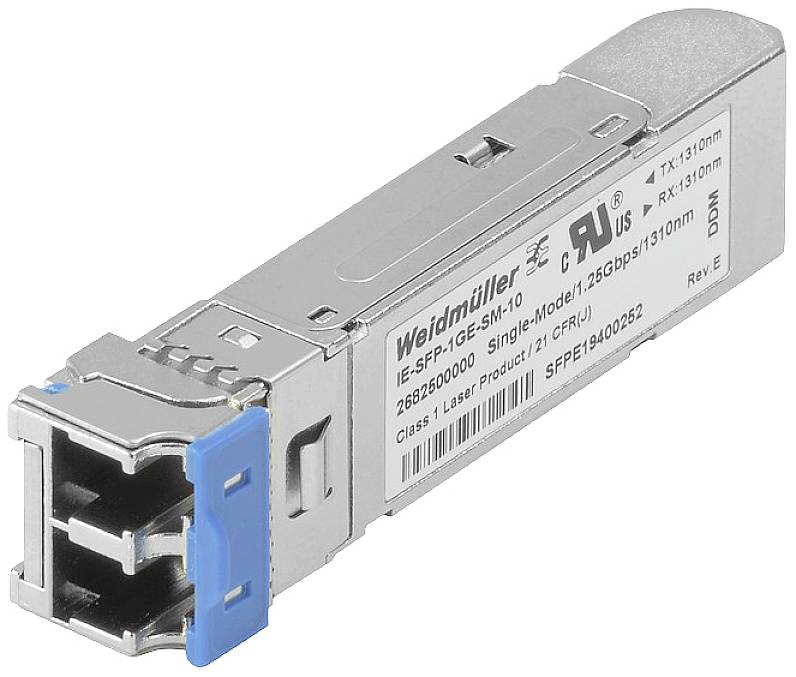 SFP-Modul mit LC-Anschluss von Weidmüller zur optischen Datenübertragung, unterstützt 1,25 Gbps, Modell IE-SFP-1GE-SM-L bei 1310 nm.