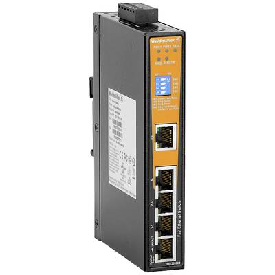 'Managed Ethernet-Switch von Weidmüller mit fünf Ethernet-Anschlüssen und Kontrollleuchten zur Anzeige von Status und Aktivitäten.'