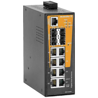 Ein industrieller Ethernet-Switch von Weidmüller mit mehreren Ethernet-Ports und LED-Anzeigen, geeignet für Netzwerkverbindungen.