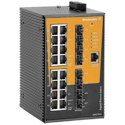 'Weidmüller Gigabit Ethernet Switch' mit 24 Ports, Statusanzeigen für Stromversorgung und Netzwerkbetrieb.