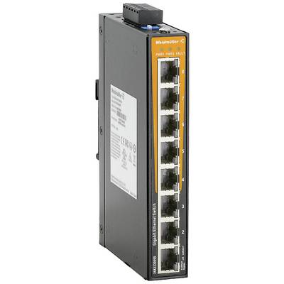 Ein schwarzer Ethernet-Switch mit acht Ethernet-Anschlüssen, markiert von eins bis acht, und leuchtenden Betriebsanzeigen oben.