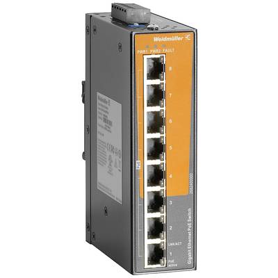 Netzwerk-Switch von Weidmüller mit acht Ethernet-Ports, geeignet für Power-over-Ethernet (PoE), Industriedesign, vertikal montiert.