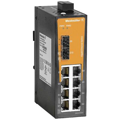 Industrieller Ethernet-Switch der Marke Weidmüller mit mehreren Netzwerkanschlüssen für zuverlässige Datenverbindungen in Industrieumgebungen.