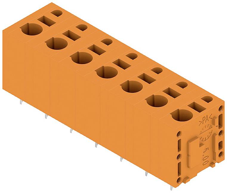 Orangefarbener Steckverbinder mit mehreren Anschlussmöglichkeiten, geeignet für elektronische Schaltungen, seitlich beschriftet.