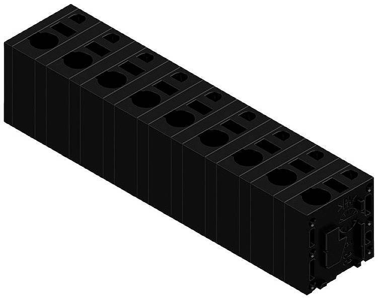 Schwarzer, länglicher Block mit mehreren runden Öffnungen; technische Komponente, möglicherweise für elektrische oder mechanische Anwendungen.