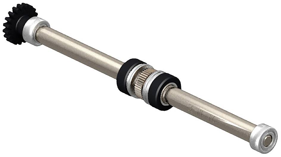 Ein Metallschaft mit Zahnrädern und Kugellagern an beiden Enden. Eignet sich für mechanische Anwendungen oder Modellbau.