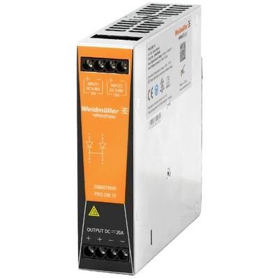 Das Bild zeigt ein elektronisches Gerät von Weidmüller, ein DC-Stromversorger, mit Eingängen von 18A und Ausgängen von 20A.