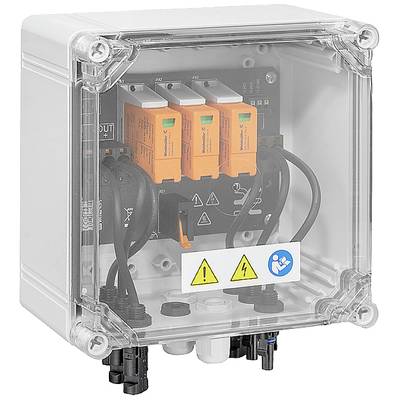 Elektrischer Schaltschrank mit drei orangefarbenen Sicherungen und Warnsymbolen für Hochspannung auf der Vorderseite.