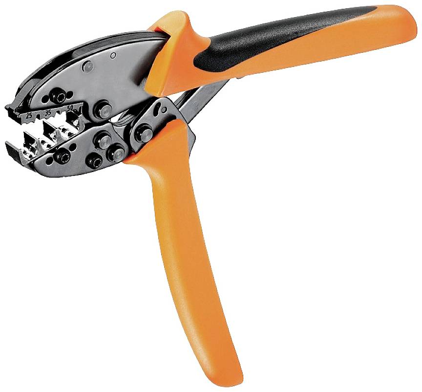Eine orange-schwarze Crimpzange für Kabel, geöffnet und bereit zur Verwendung. Sie hat mehrere Crimpkanäle für verschiedene Kabelgrößen.