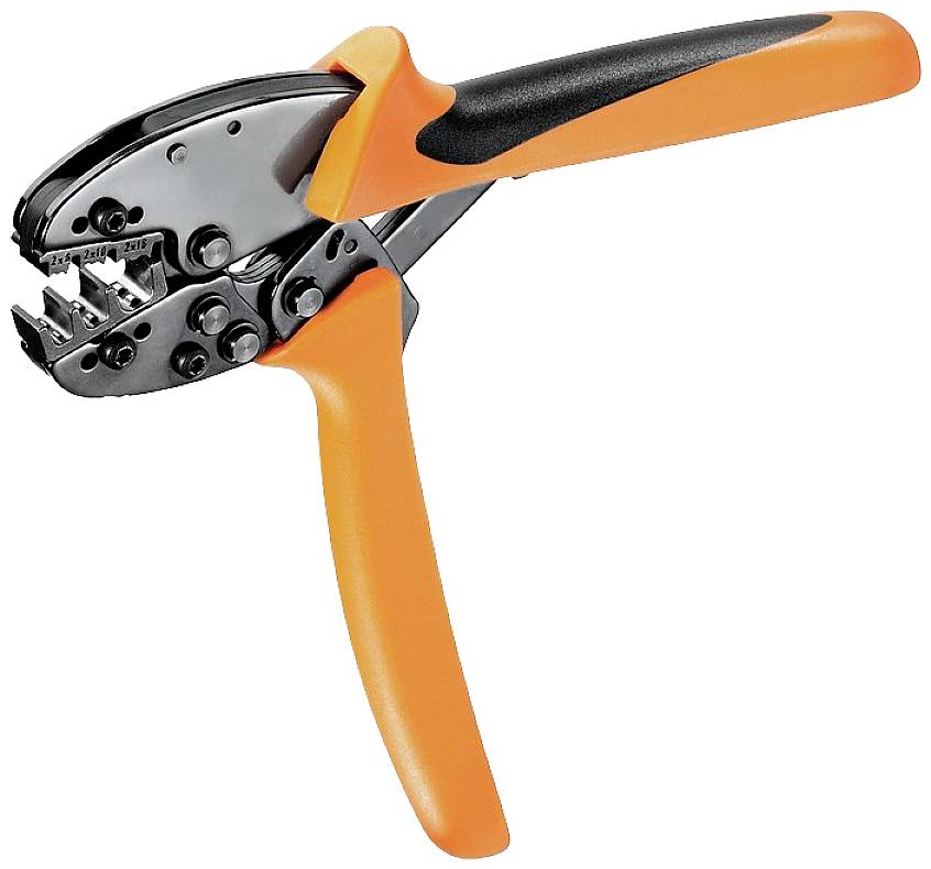 Eine orange-schwarze Crimpzange, mit isoliertem Griff, geeignet für das Verpressen von Kabelschuhen und Verbindern.