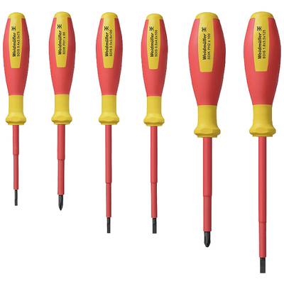 Sechs isolierte Schraubendreher in verschiedenen Größen. Griffe in Rot-Gelb, gekennzeichnet mit 'Weidmüller SoftFinish'.