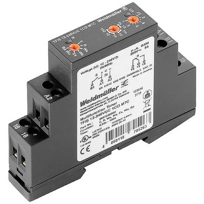 Ein Weidmüller Multifunktions-Timer, Modell MFUS 12-240VUC ECO MTC, mit einstellbarer Spannung und mehreren Anschlussklemmen.