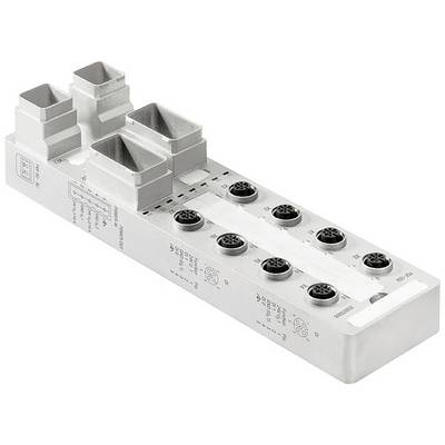 Metallisches Gerät mit mehreren Steckverbindungen, wahrscheinlich ein industrieller Verteiler oder Adapter für Datenkabel.