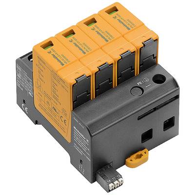 Überspannungsschutzmodul mit vier orangefarbenen Steckplätzen auf schwarzem Gehäuse, für den Schutz elektrischer Anlagen vor Überspannungen.