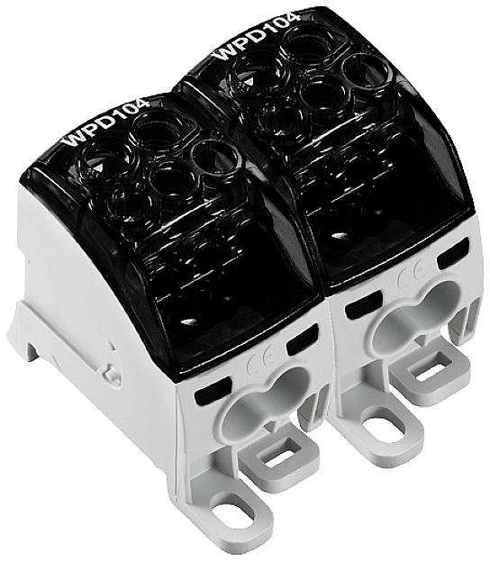 Elektrische Anschlussklemmen, Typ WPD104, zur Verbindung von Leitern. Geeignet für Anwendungen mit mehreren Anschlussmöglichkeiten.