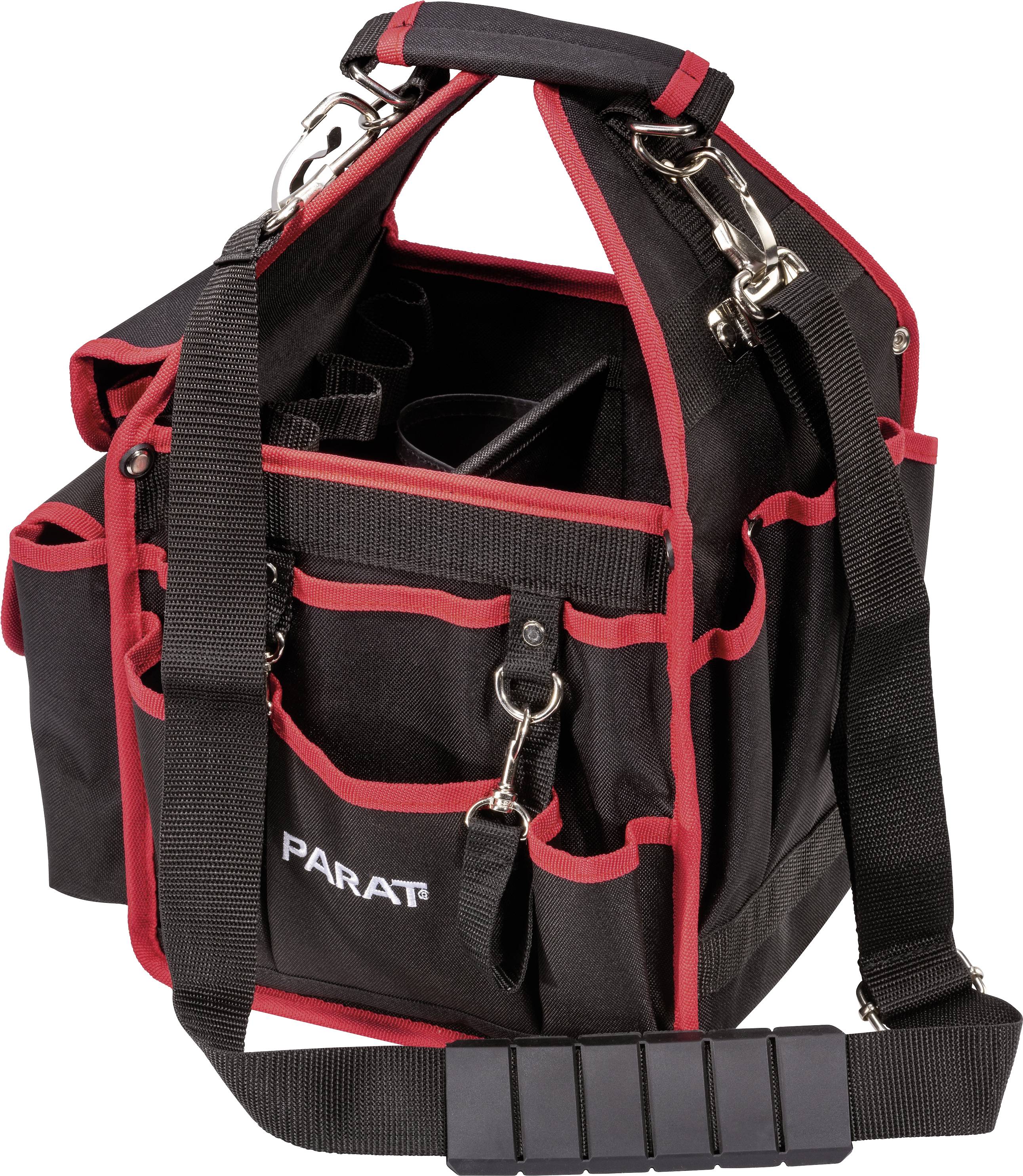 Eine schwarze Werkzeugtasche mit roten Rändern und einem Schultergurt. Sie hat mehrere Taschen und Metallhaken.