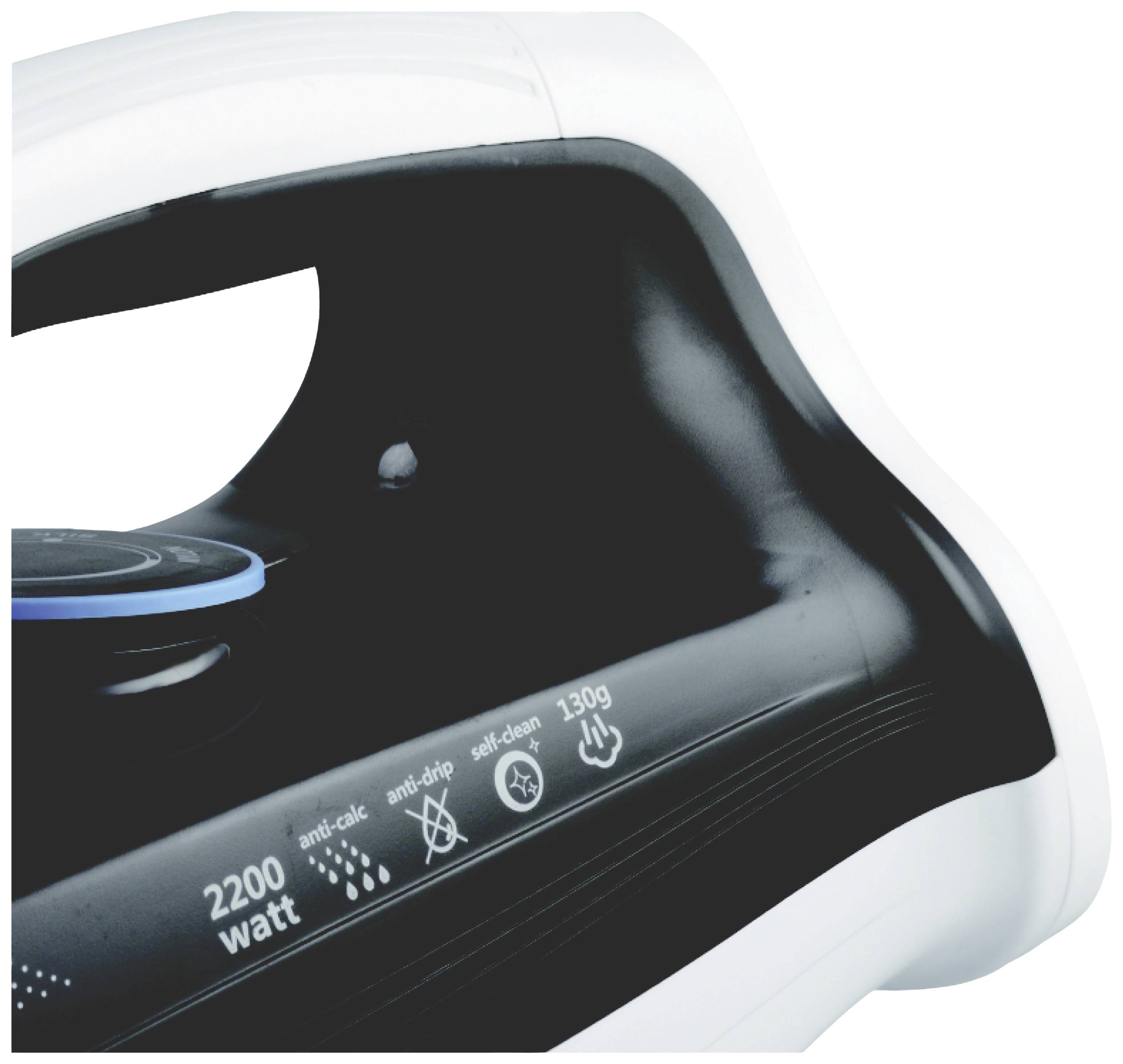 Bügeleisen mit 2200 Watt Leistung und Funktionen wie Anti-Kalk, Tropfstopp und Selbstreinigung, geeignet für 130 g Dampfstoß.
