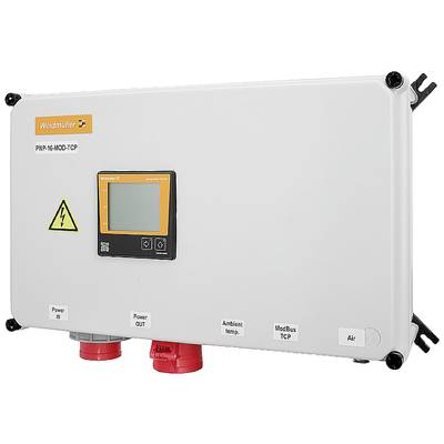 Ein weißes elektrisches Steuergerät mit Display und mehreren Anschlüssen; die Aufschrift lautet 'Weidmüller PVM-P16-MOD-TCP'.