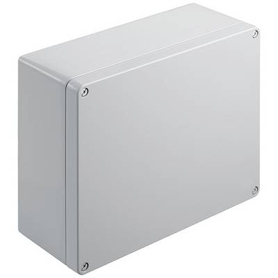 Graues rechteckiges Gehäuse mit Schrauben an den Ecken, geeignet für elektrische Installationen oder als Schutzgehäuse.