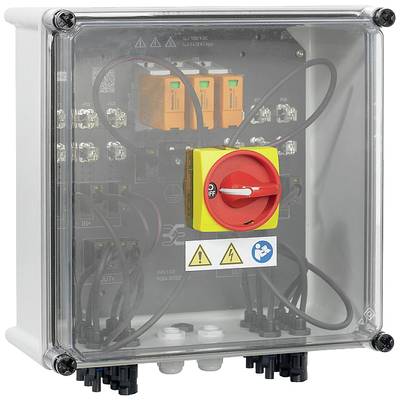 Schaltkasten mit transparentem Gehäuse zeigt Kabel und elektrisch isoliertem Not-Aus-Schalter in der Mitte.