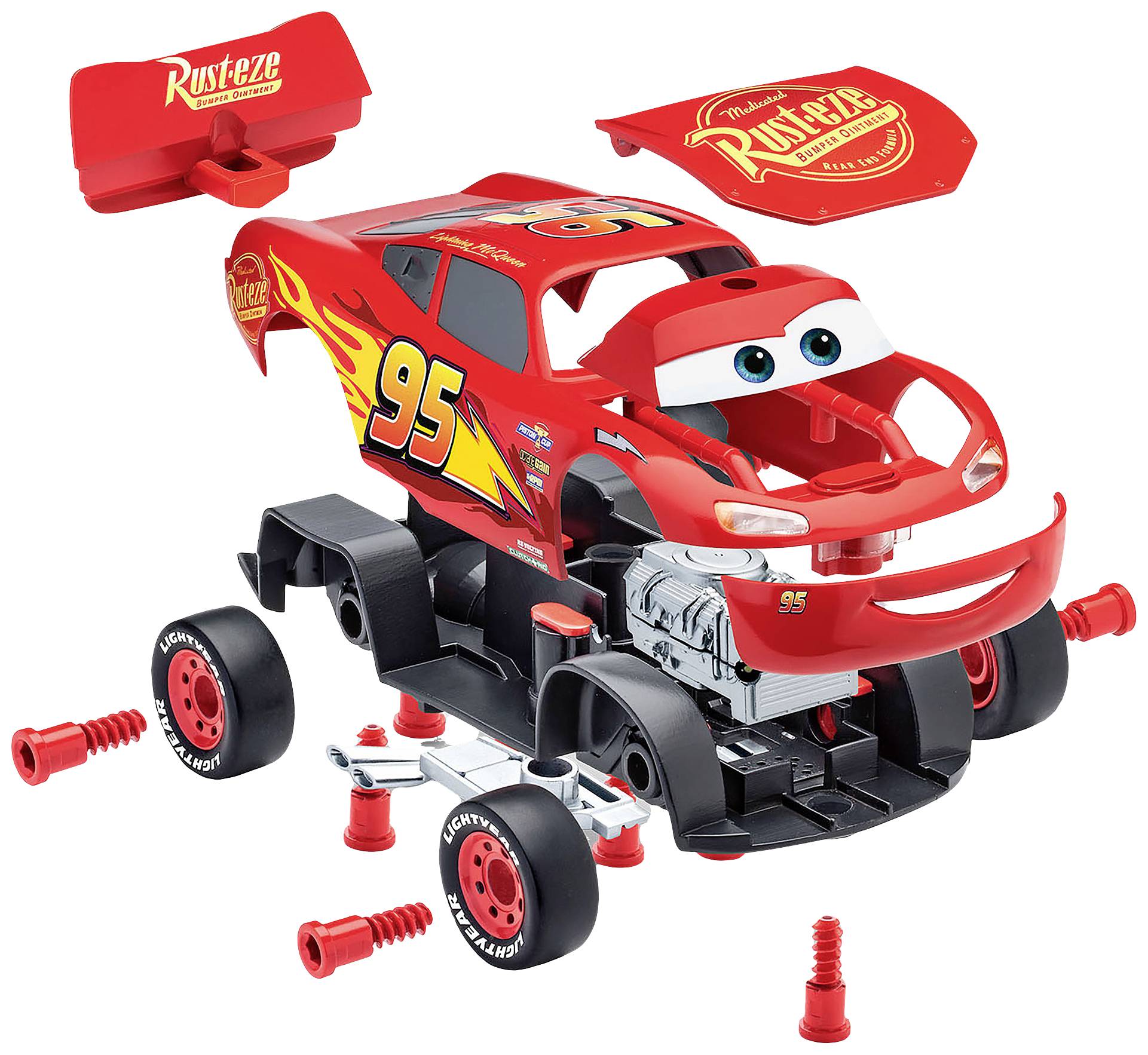 Ein rotes Spielzeugauto mit Flammen-Aufdruck und Nummer 95 wird in Einzelteilen gezeigt. Teile sind abnehmbar und anpassbar.