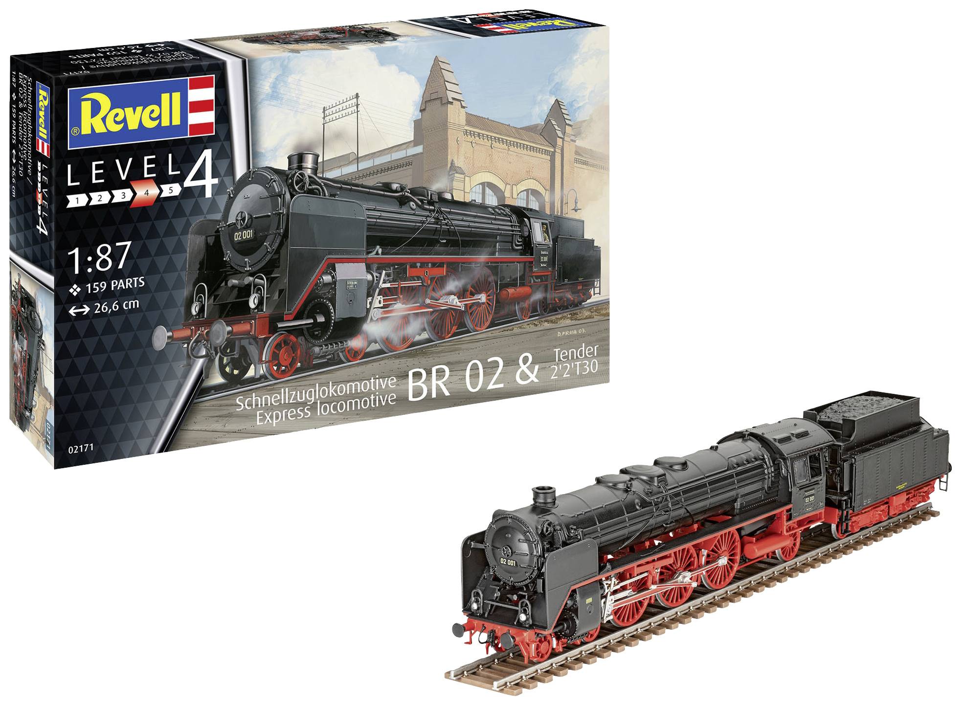 Modellbausatz einer Dampflokomotive 'BR 02' von Revell im Maßstab 1:87, dargestellt mit der Verpackung und dem zusammengebauten Modell.