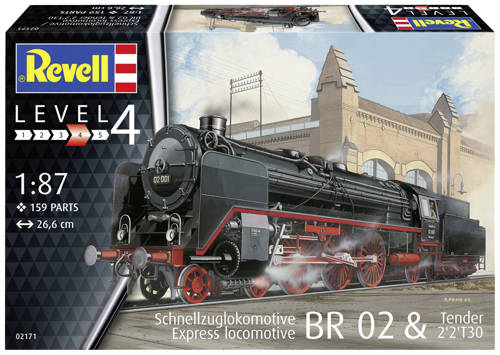 'Revell Bausatz der Dampflokomotive BR 02 mit Tender. Maßstab 1:87, Level 4, 159 Teile. Illustration der Lokomotive vor einem Bahnhof.'